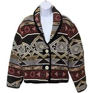 Vtg Agape Tapestry Aztec Cropped Jacket L Woven Boho Southwest Tribal India